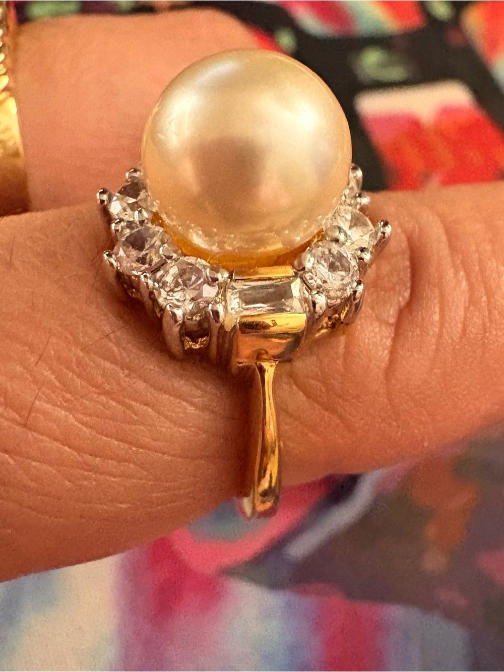 Vintage Gold Electroplated Pearl Cluster Ring with Clear Accent Stones